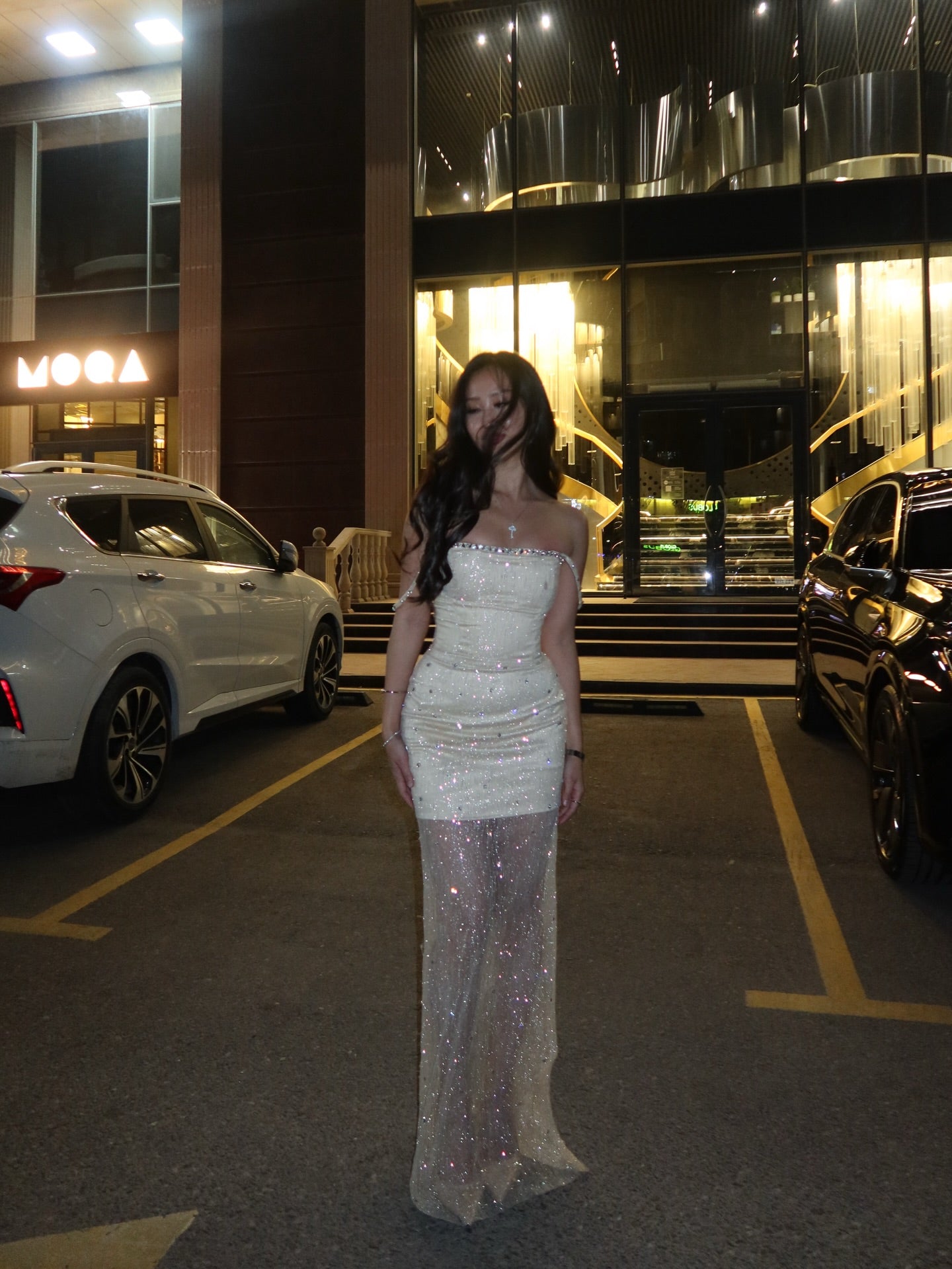 Off-the-Shoulder Shimmering Illusion Maxi Dress