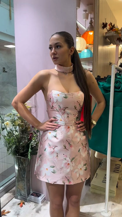 Strapless Floral Print Satin Mini Dress