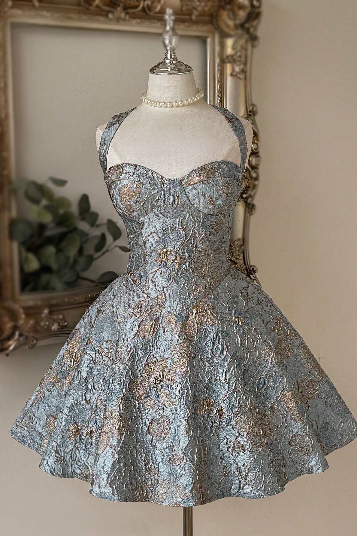 Metallic Floral Jacquard Corset Mini Dress