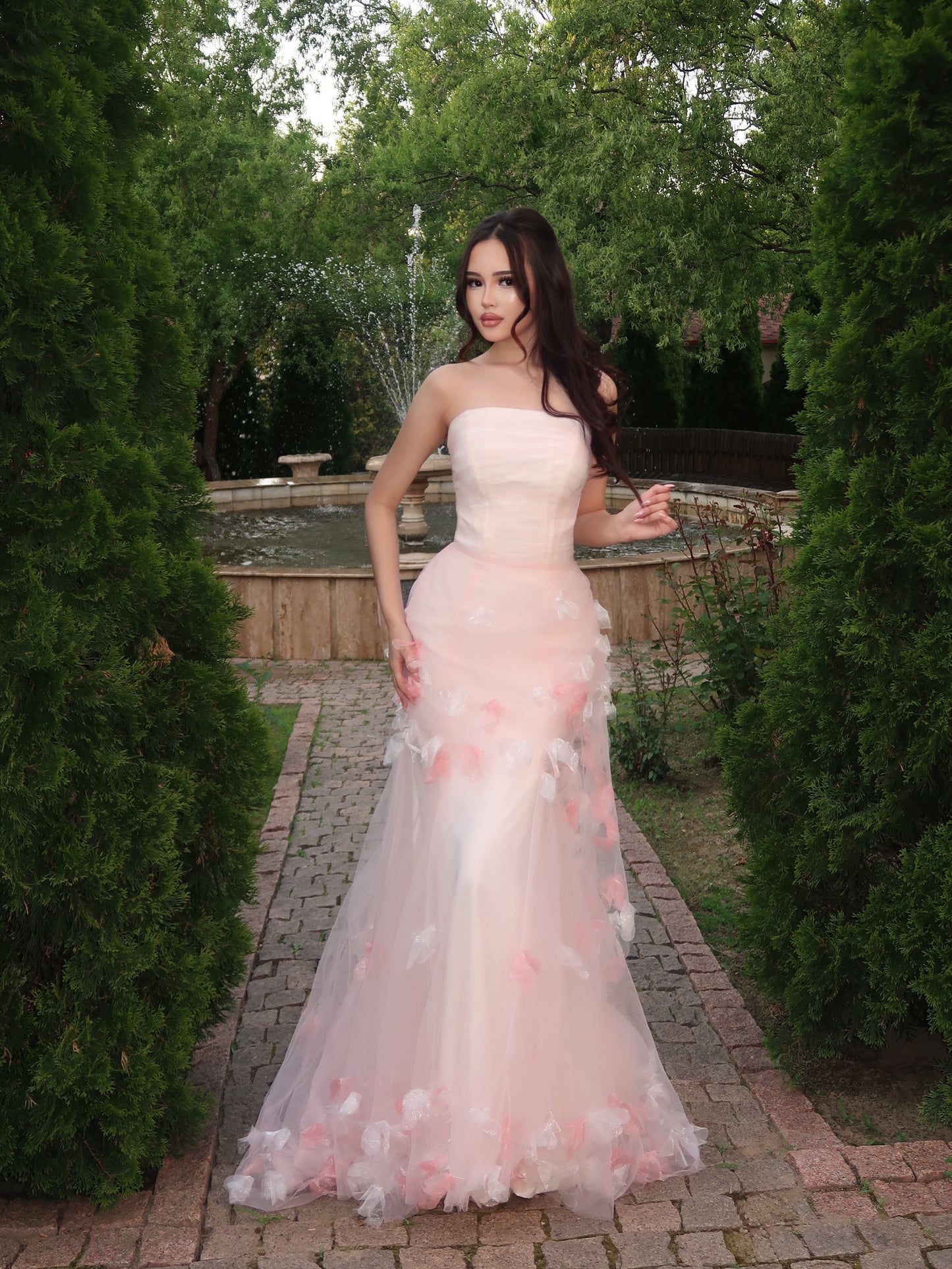 Strapless 3D Floral Tulle Mermaid Prom Gown