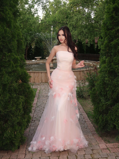Strapless 3D Floral Tulle Mermaid Prom Gown