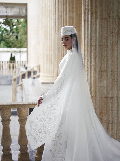 High-Neck Embroidered Bridal Gown with Cape Sleeves