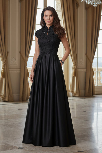 High-Neck Beaded Bodice Ball Gown with Pockets