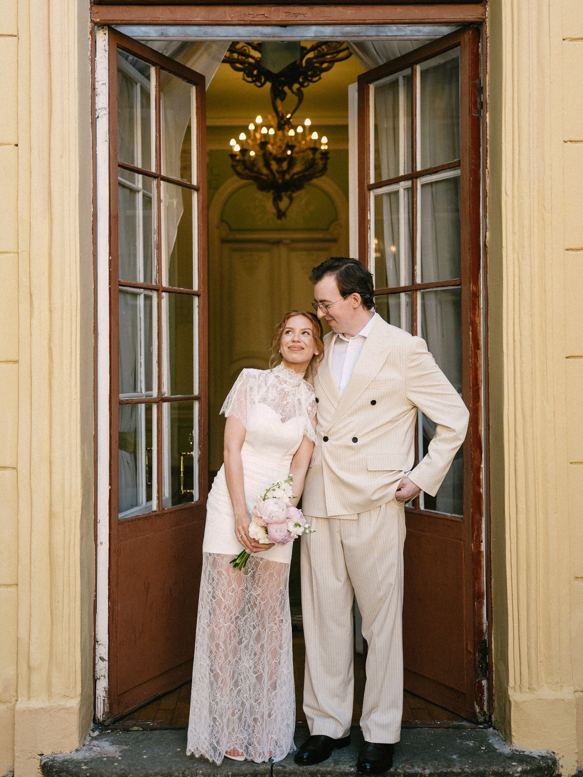 High-Neck Lace Sheath Wedding Dress with Sheer Skirt