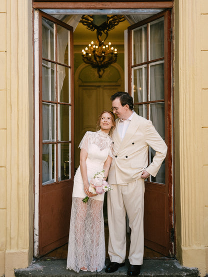 High-Neck Lace Sheath Wedding Dress with Sheer Skirt