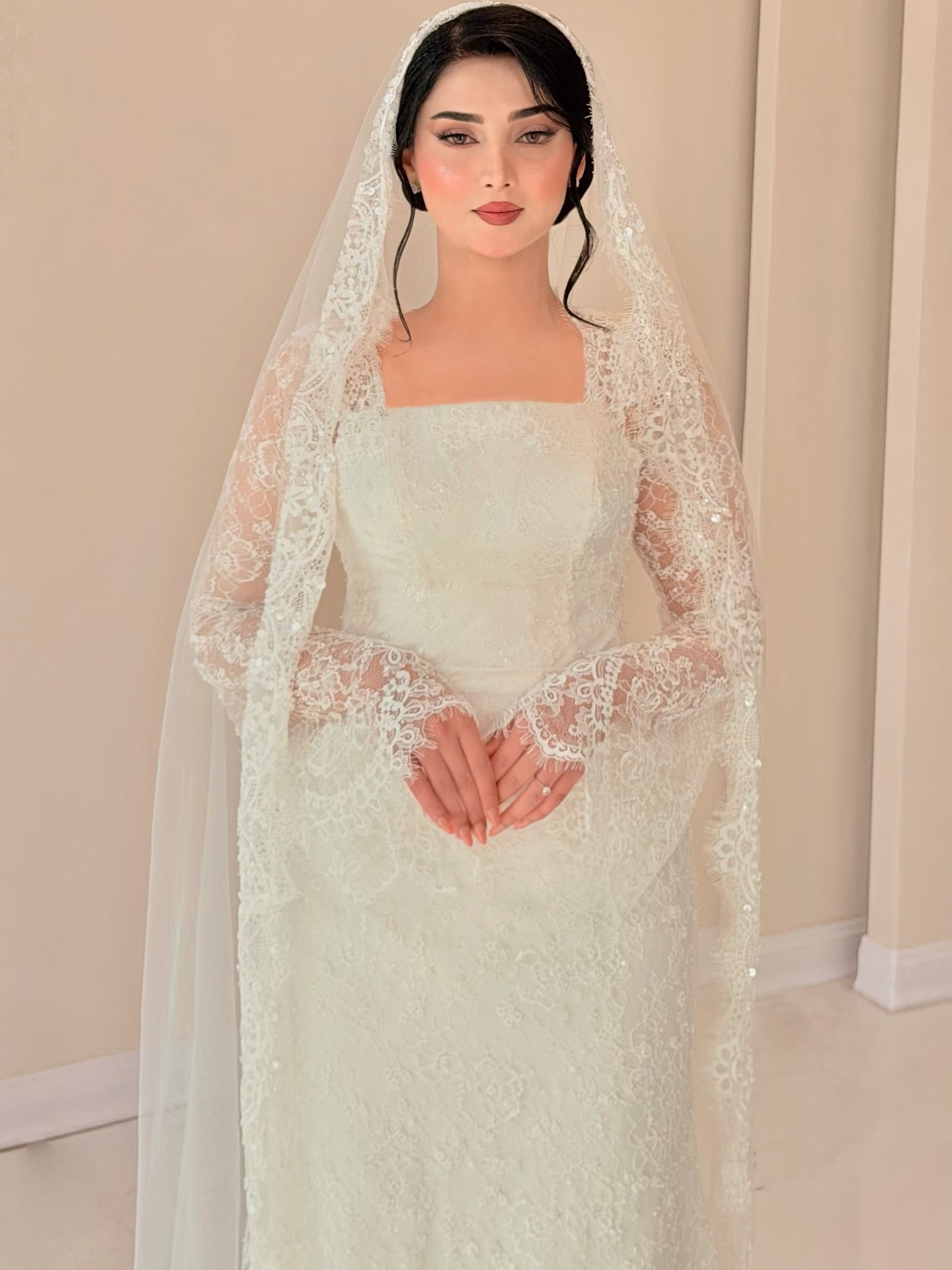 Square Neck Lace Long Sleeve Wedding Dress