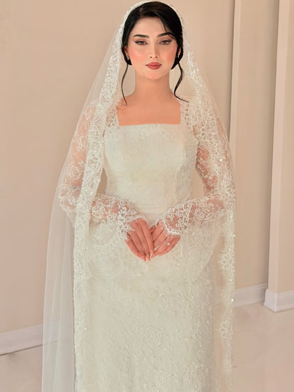 Square Neck Lace Long Sleeve Wedding Dress