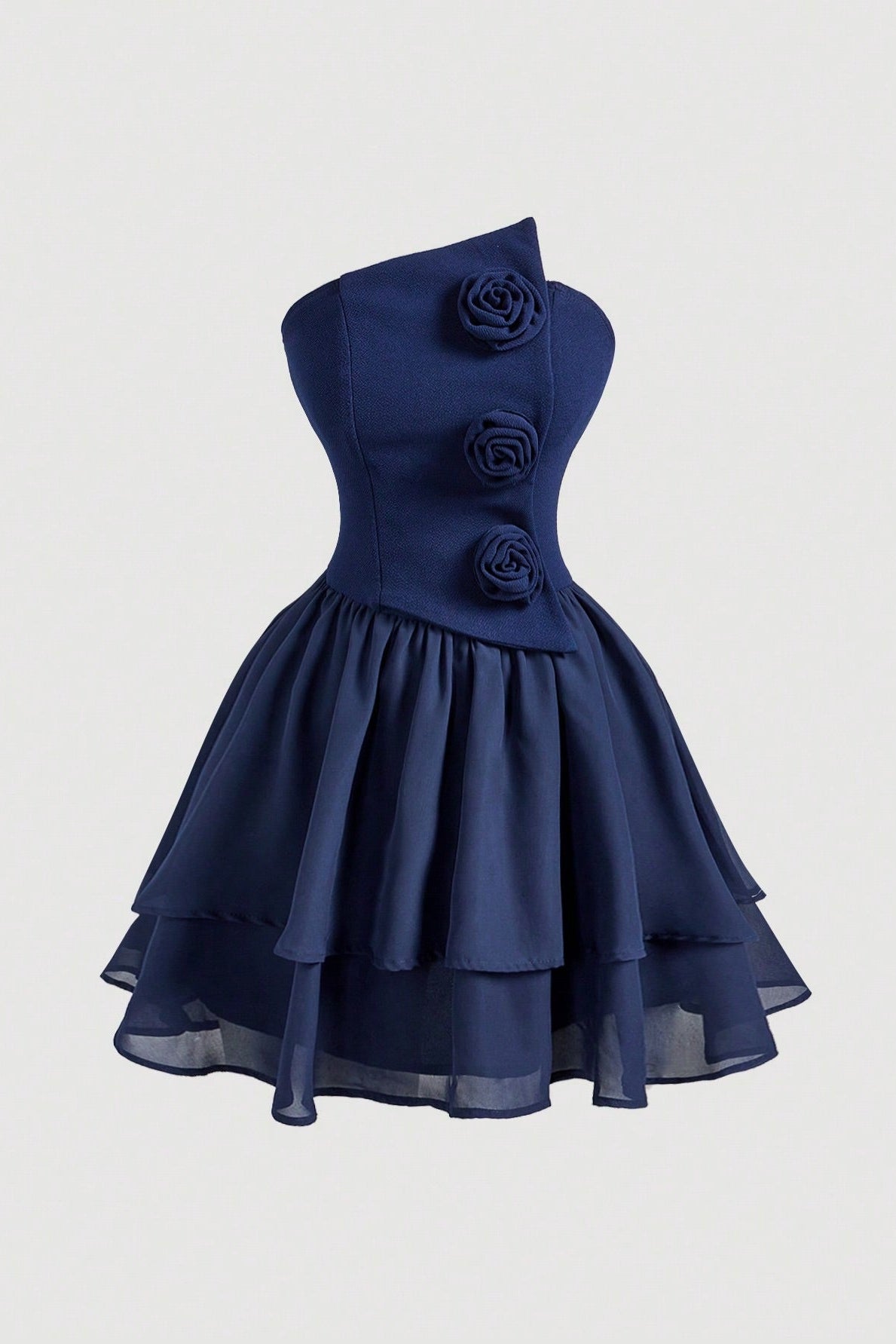 Asymmetrical 3D Flower Tiered Strapless Mini Dress