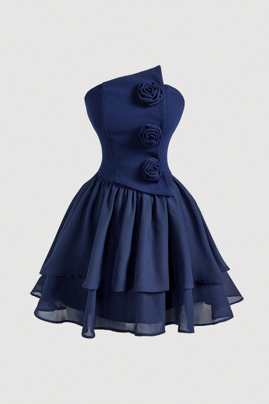 Asymmetrical 3D Flower Tiered Strapless Mini Dress