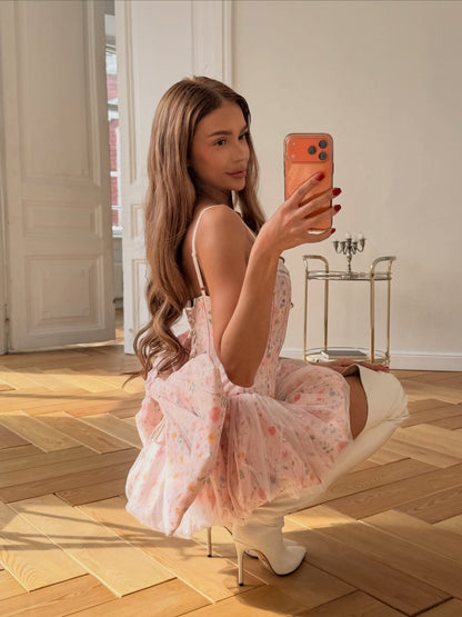 Floral Corset Tulle Mini Dress with Back Bow