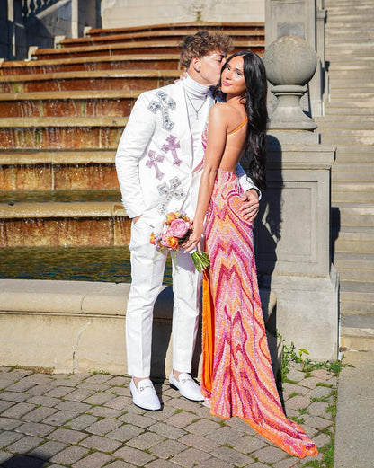 Patterned Sequin Open Back Formal Gown