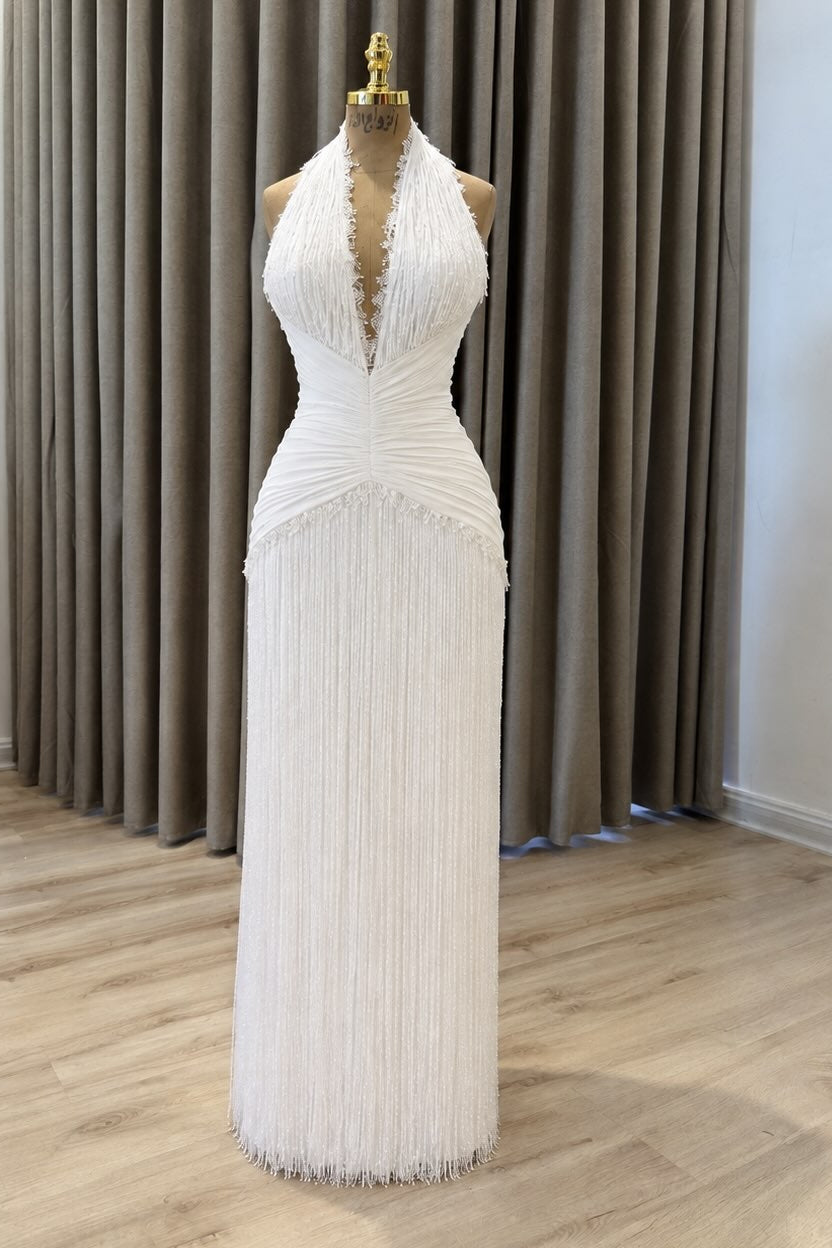 Halter Beaded Fringe Maxi Dress with Ruched Waist