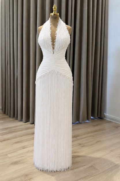 Halter Beaded Fringe Maxi Dress with Ruched Waist