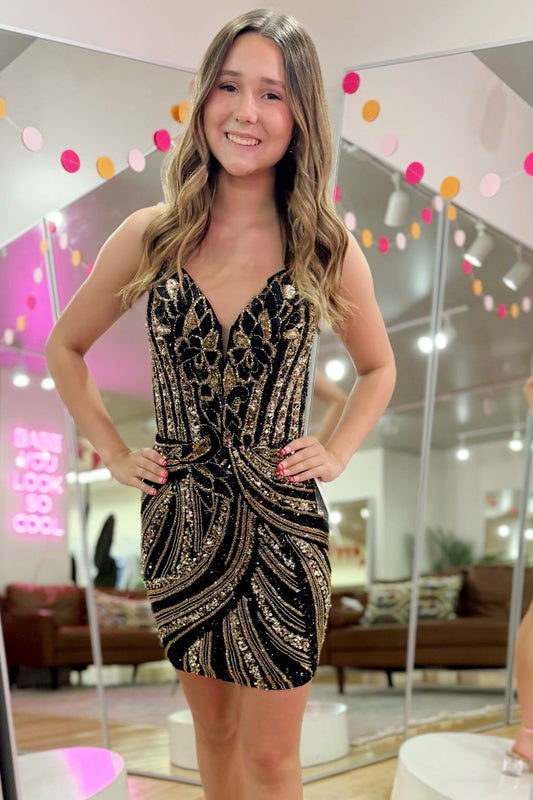 Sequined V-Neck Spaghetti Strap Bodycon Mini Dress