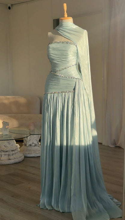 Ruched Column Gown with Draped Cape and Crystal Trim