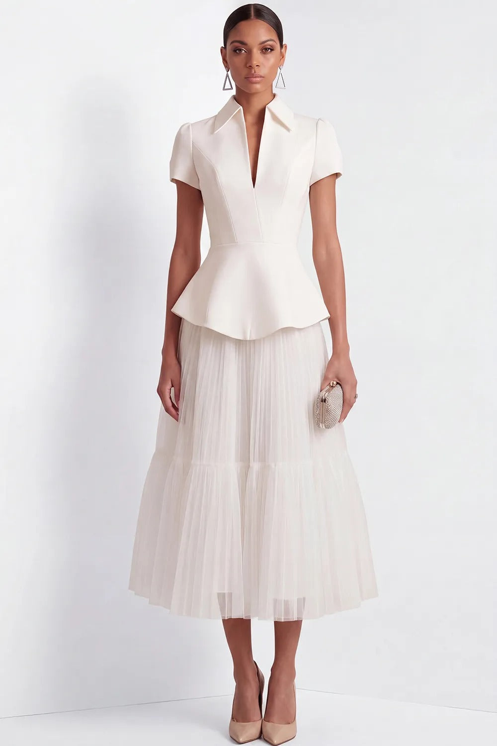 Collared Peplum Midi Dress with Pleated Tulle Skirt