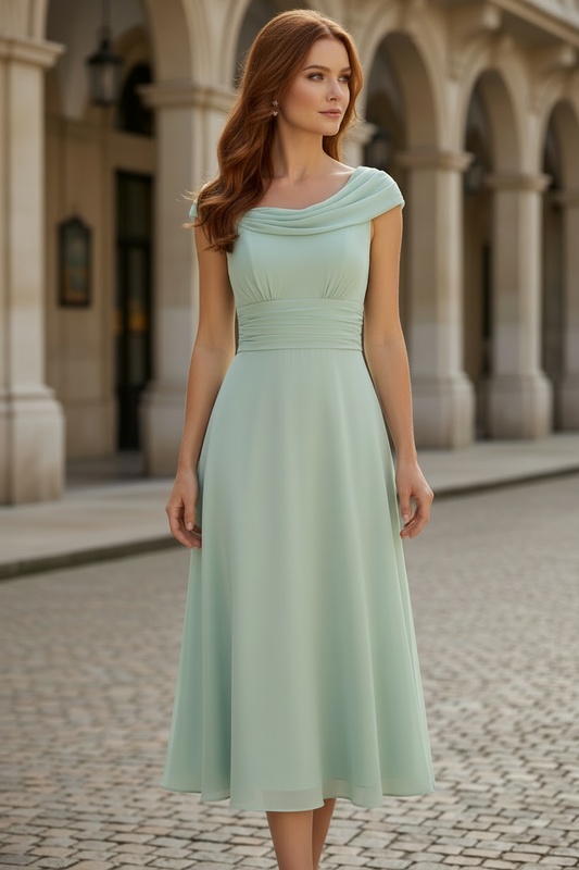 Cowl Neck Chiffon Midi Dress with Brooch