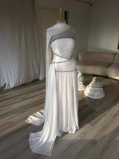 Ruched Column Gown with Draped Cape and Crystal Trim