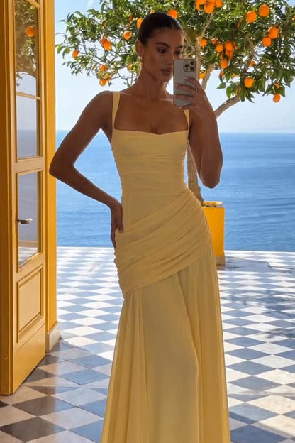 Square-Neck Sheath Gown with Side-Draped Waist