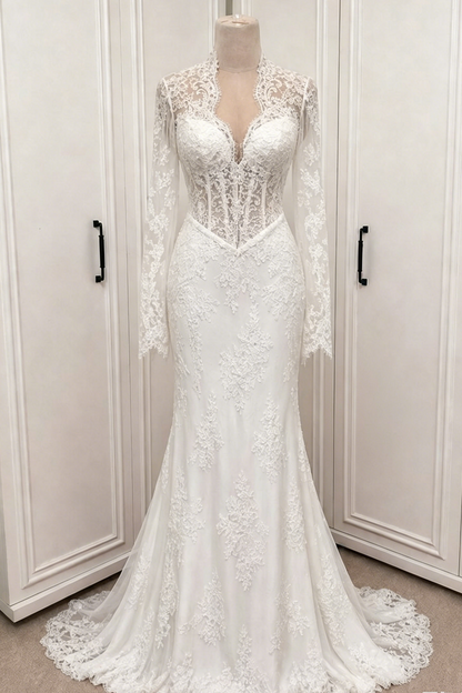 Illusion Sleeve Lace Mermaid Bridal Gown