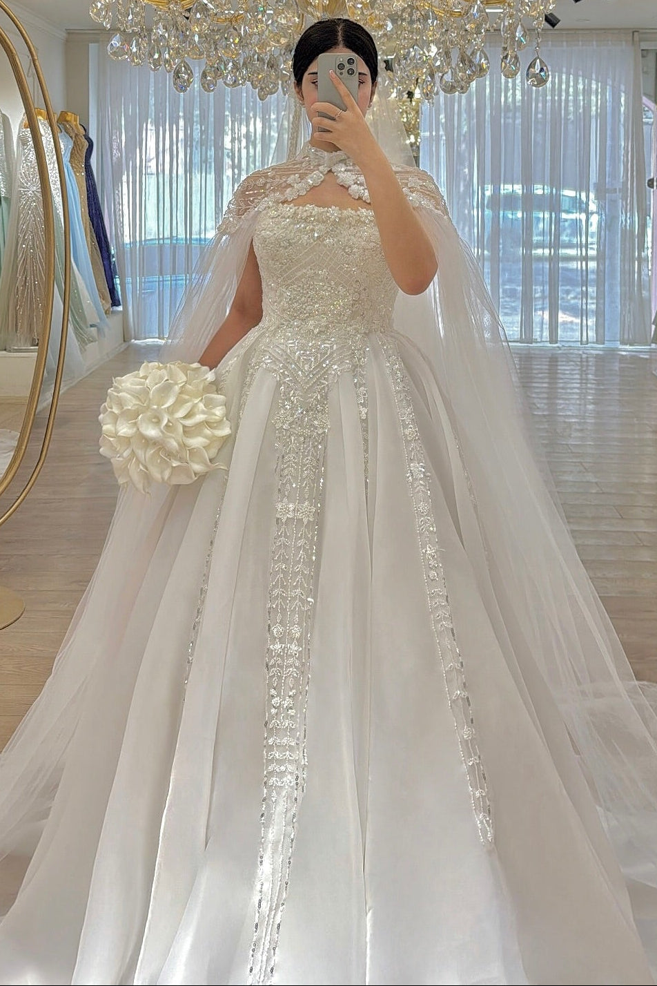 High-Neck Beaded Ball Gown Wedding Dress with Cape