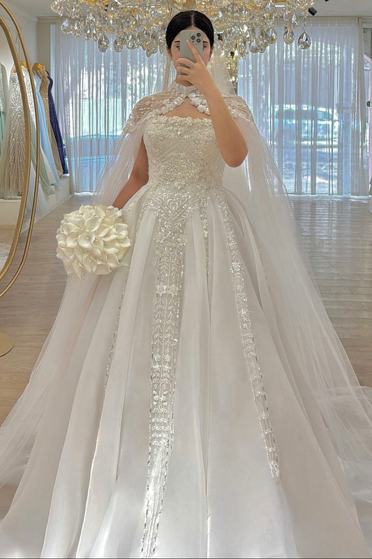 High-Neck Beaded Ball Gown Wedding Dress with Cape