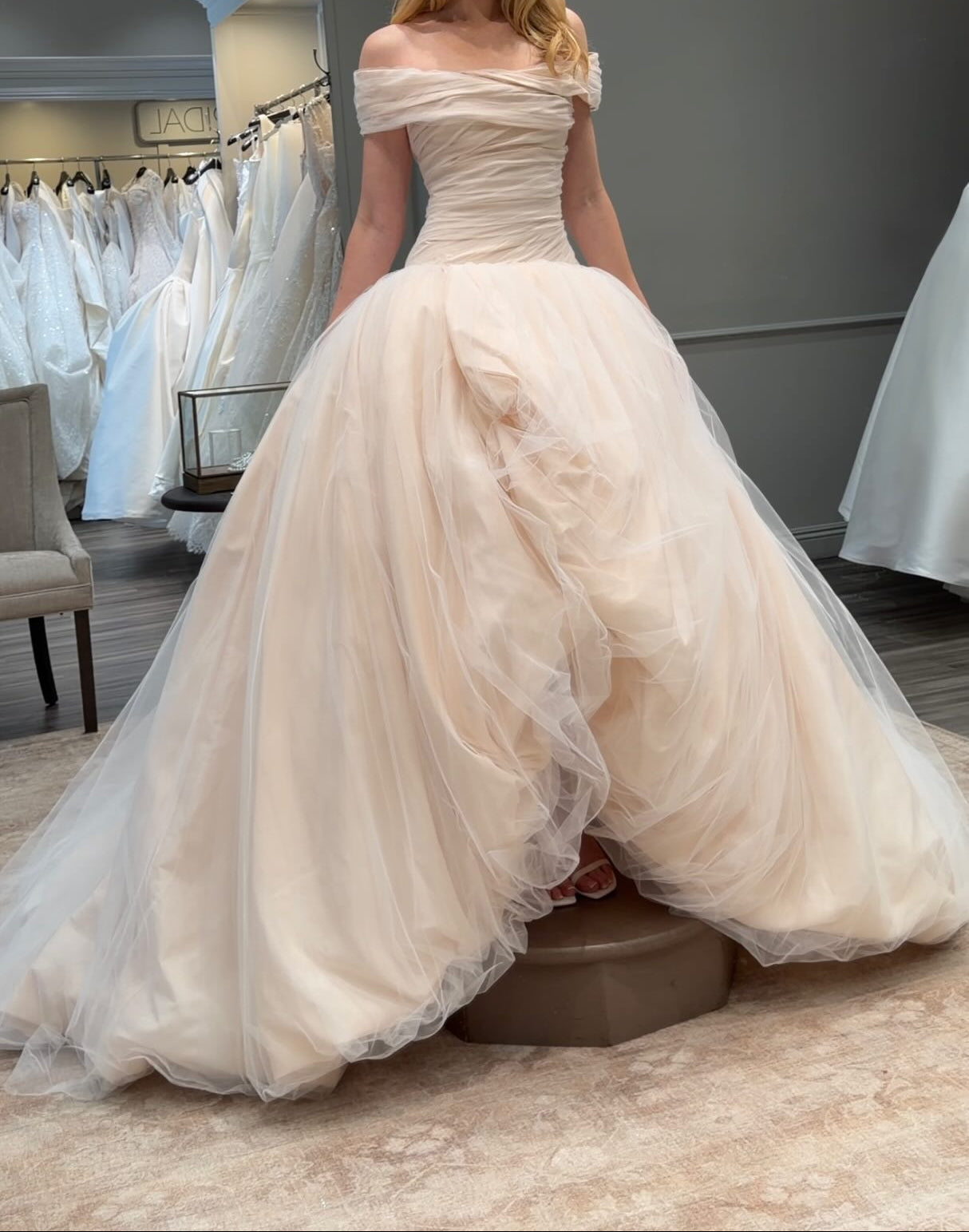 Ruched Off-the-Shoulder Tulle Ball Gown Wedding Dress
