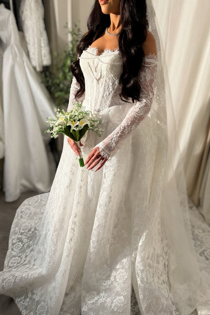 Off-Shoulder Lace Long Sleeve Wedding Dress with Train