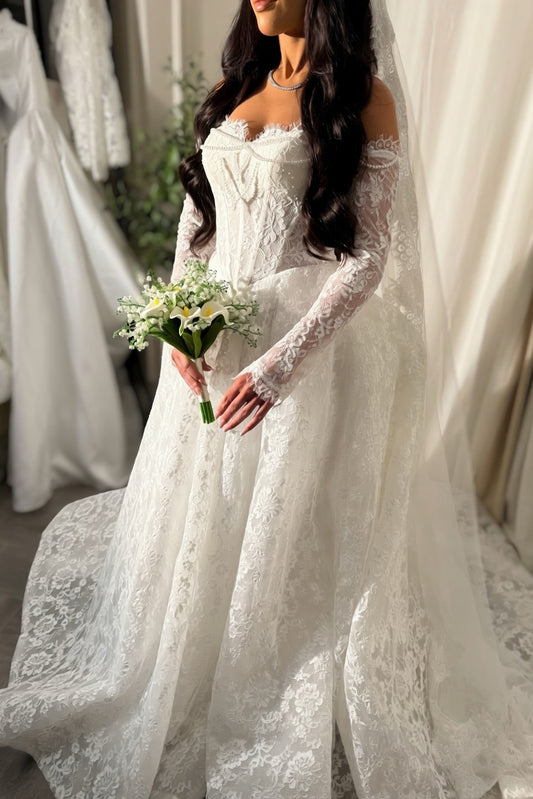 Off-Shoulder Lace Long Sleeve Wedding Dress with Train