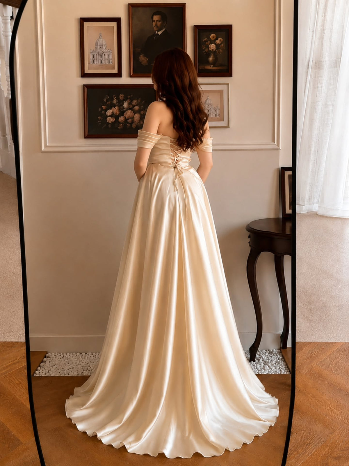 Beaded Off-the-Shoulder Satin Corset Gown