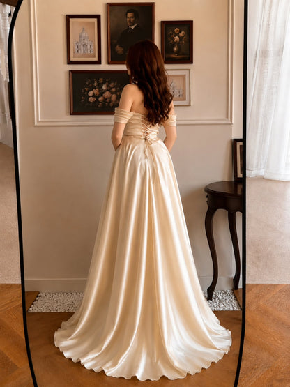 Beaded Off-the-Shoulder Satin Corset Gown