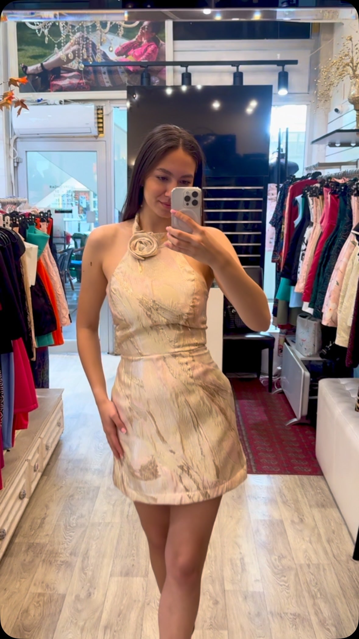 Halter High Neck Jacquard Mini Dress with Flower Detail