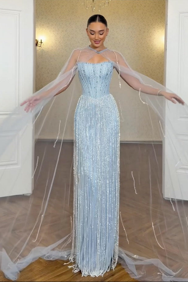 Beaded Fringe Corset Gown with Sheer Cape