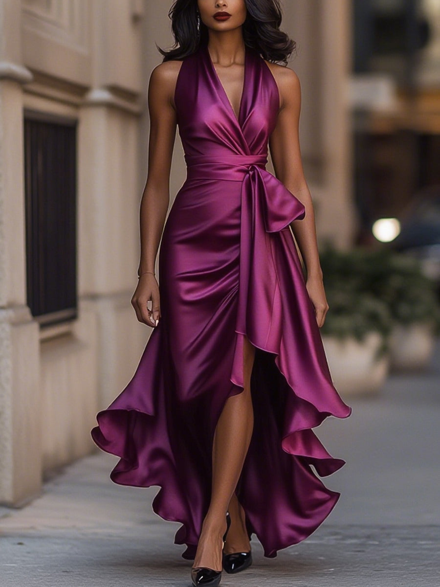 Satin Halter Wrap Maxi Dress with High Slit