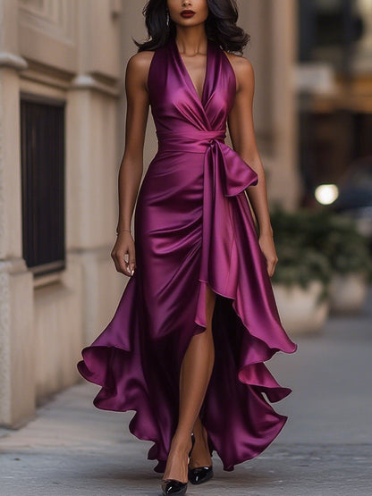 Satin Halter Wrap Maxi Dress with High Slit