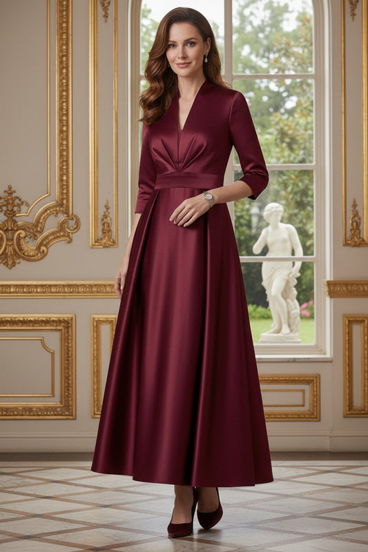 Pleated Bodice Ankle-Length Satin Dress with 3/4 Sleeves