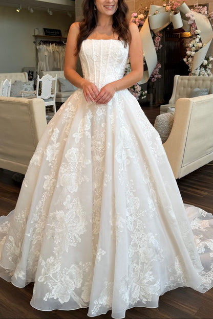 Strapless Corset Floral Lace Ball Gown Wedding Dress