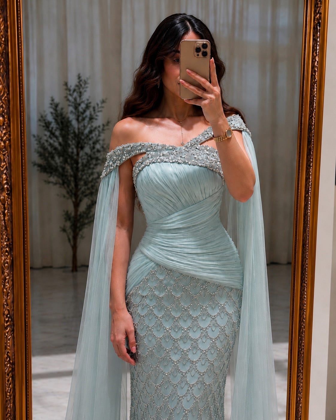 Ruched Beaded Mermaid Gown with Cape Sleeves