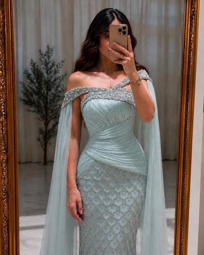 Ruched Beaded Mermaid Gown with Cape Sleeves
