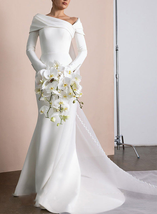 Asymmetrical Long Sleeves Elastic Satin Wedding Dress