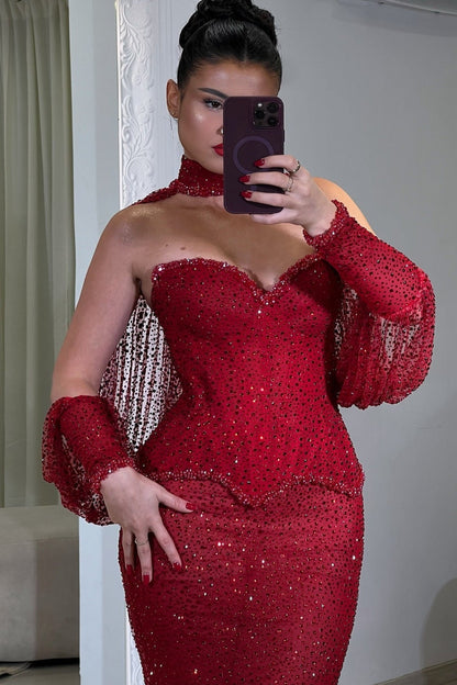 Sweetheart Long-Sleeves Fully Sequined Beaded Tulle Pleated Floor-Length Prom Dress