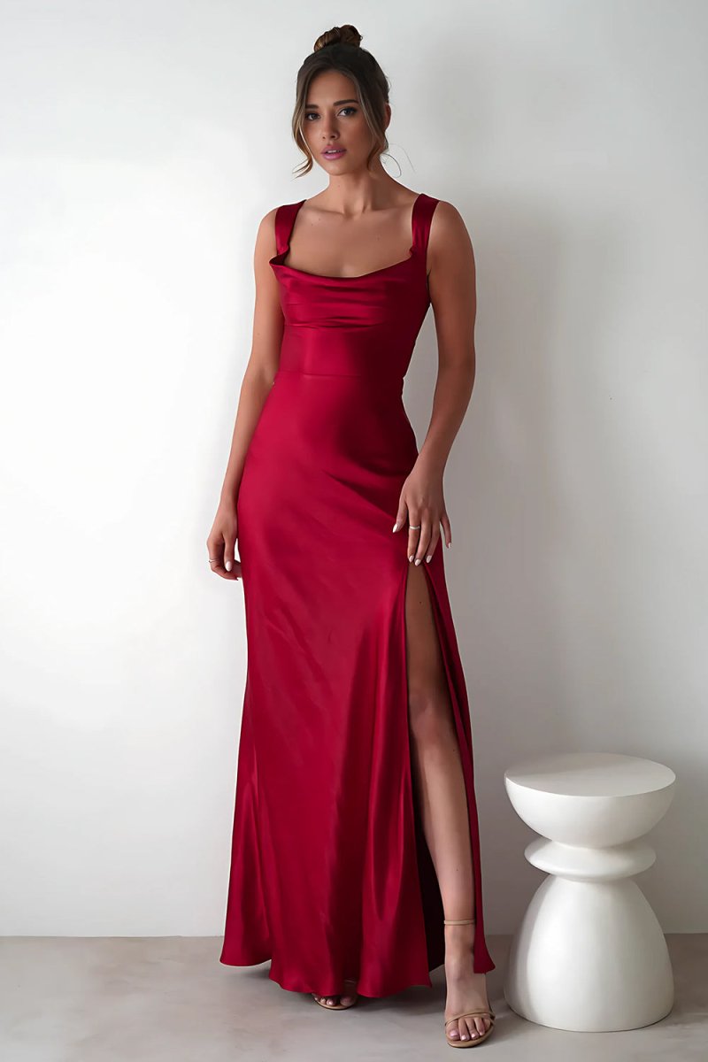 A-Line Square Neck Satin Long Prom Dresses with Slit