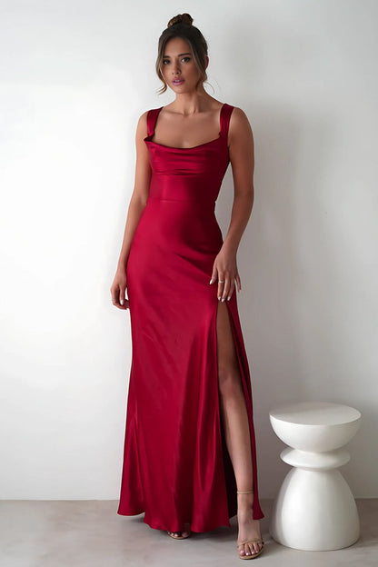 A-Line Square Neck Satin Long Prom Dresses with Slit
