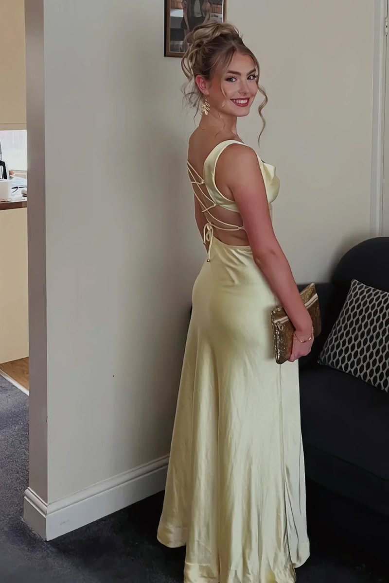 A-Line Square Neck Satin Long Prom Dresses with Slit