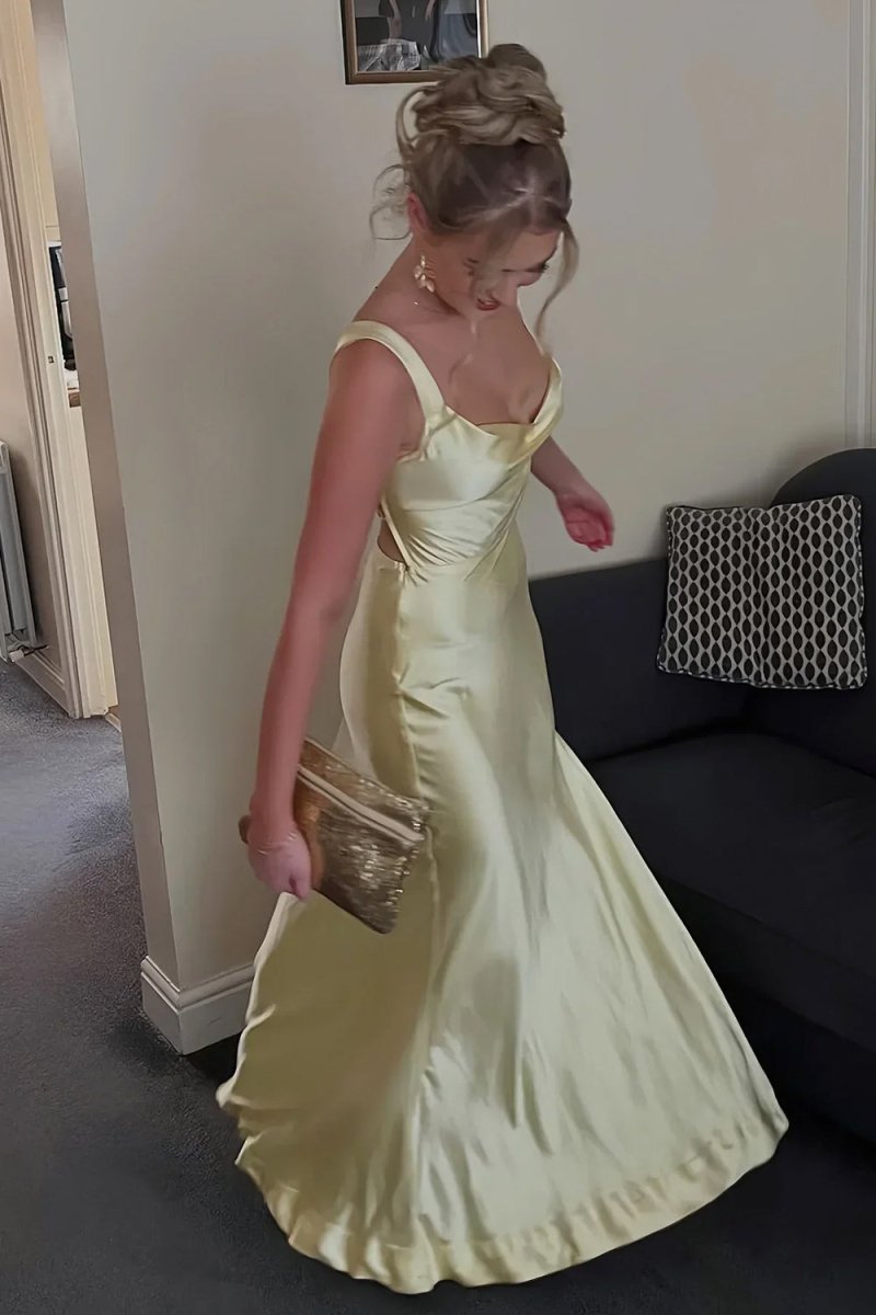 A-Line Square Neck Satin Long Prom Dresses with Slit