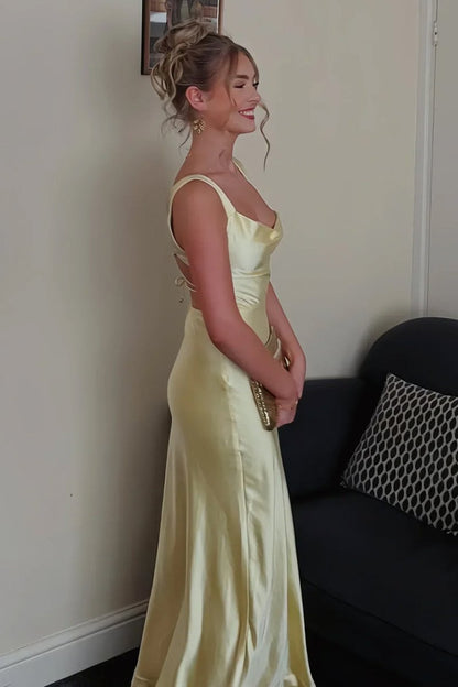 A-Line Square Neck Satin Long Prom Dresses with Slit