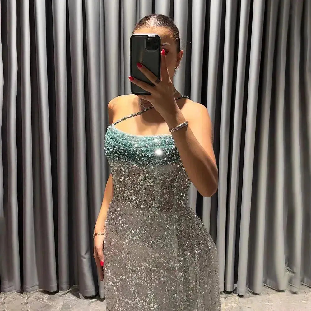 Luxury Blue One Shoulder Evening Dress with Overskirt