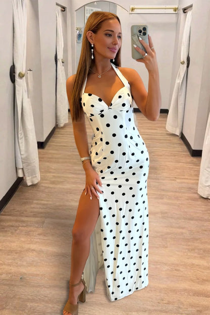 Halter Sheath Polka Dots Long Formal Prom Dresses With Slit