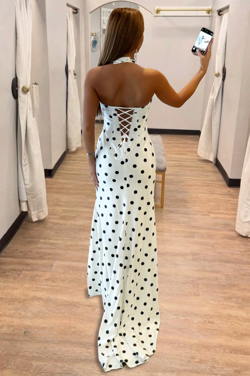 Halter Sheath Polka Dots Long Formal Prom Dresses With Slit