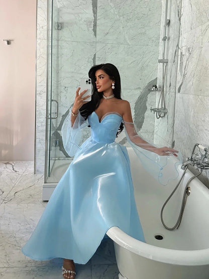 Sky Blue Sweetheart Cap Sleeves Prom Dress